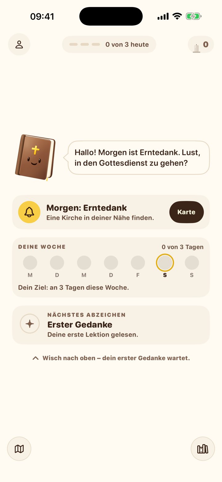 Heute-Karte mit Gruß des Buchs, Erntedank-Hinweis und Wochenziel