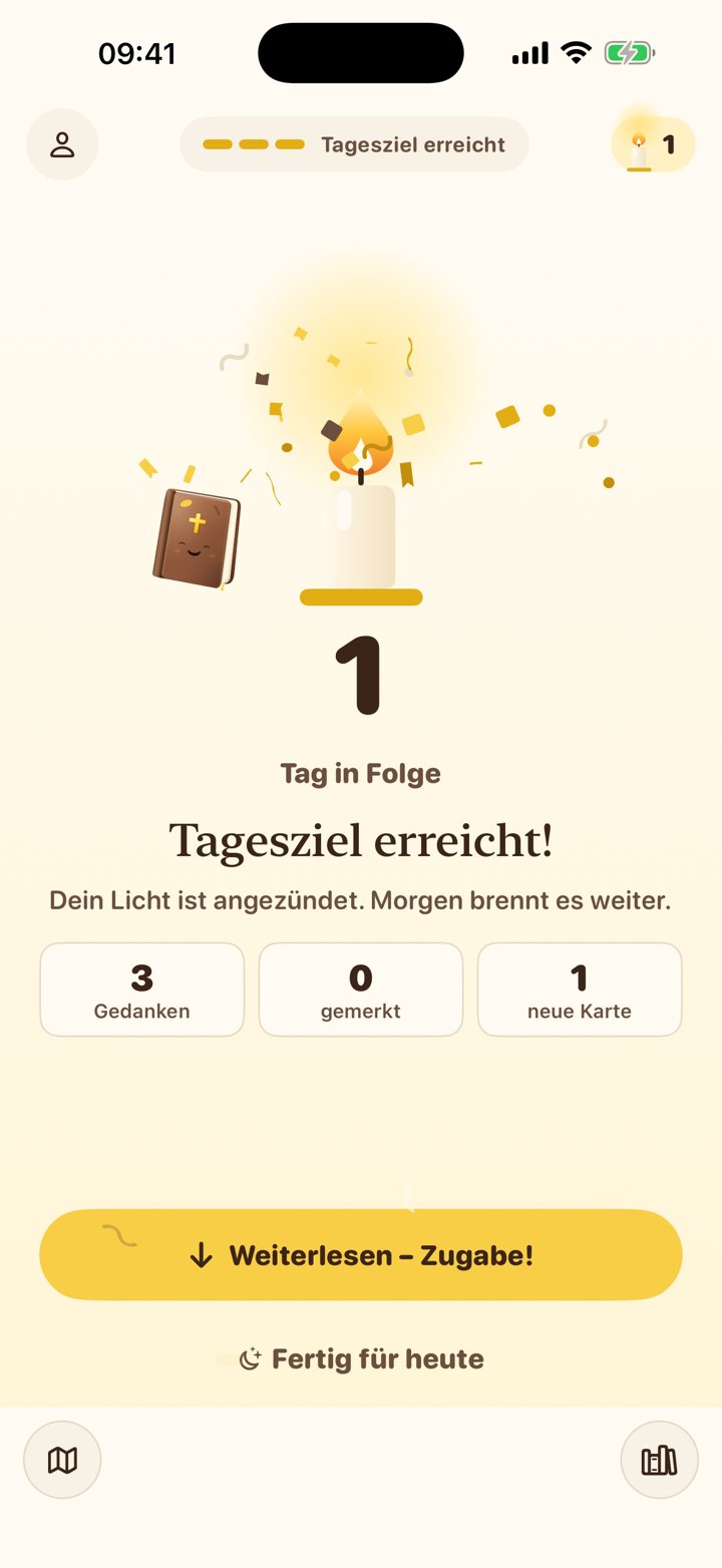 Tagesziel erreicht: Eine Kerze brennt, 1 Tag in Folge